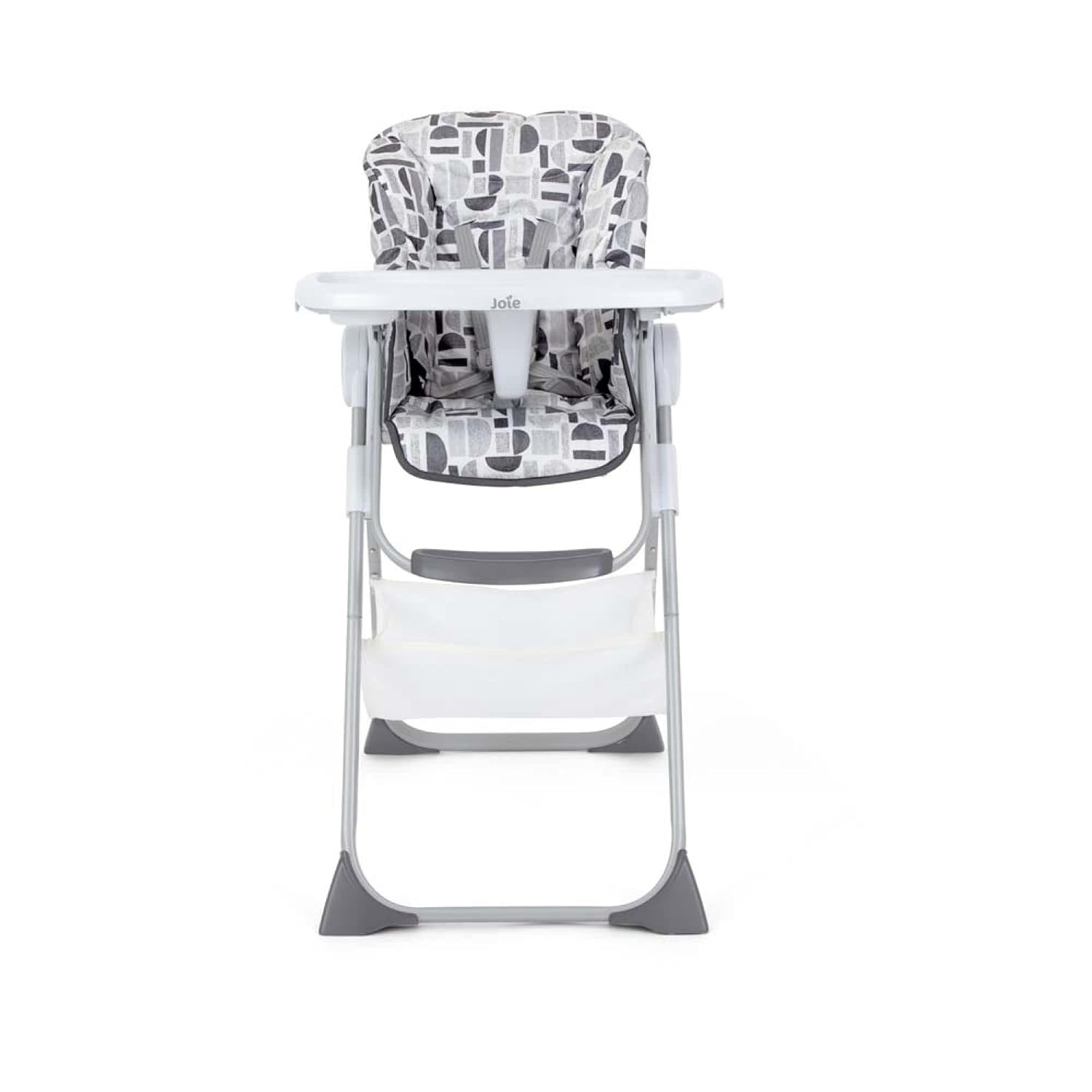 Joie Snacker 2-in-1 grey patterned highchair with white tray and folding frame