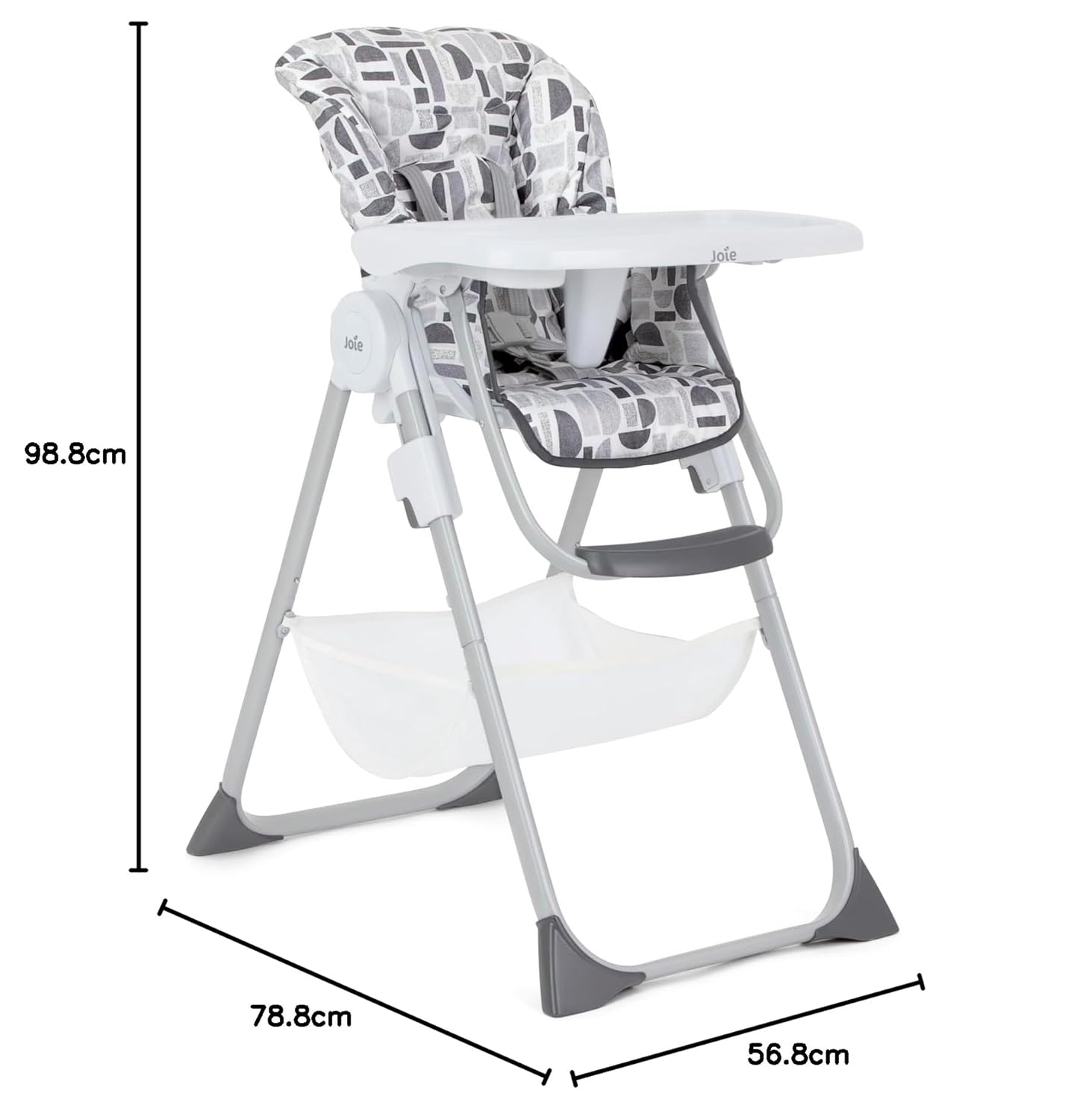 Joie Snacker 2-in-1 highchair with geometric patterned seat and white tray