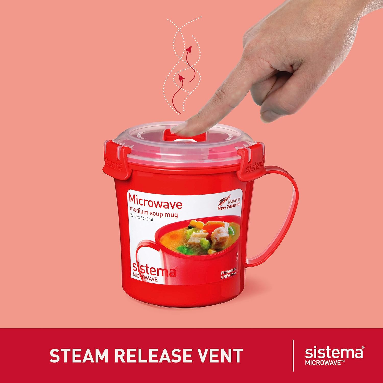 Sistema red microwave soup mug 656ml with steam release vent