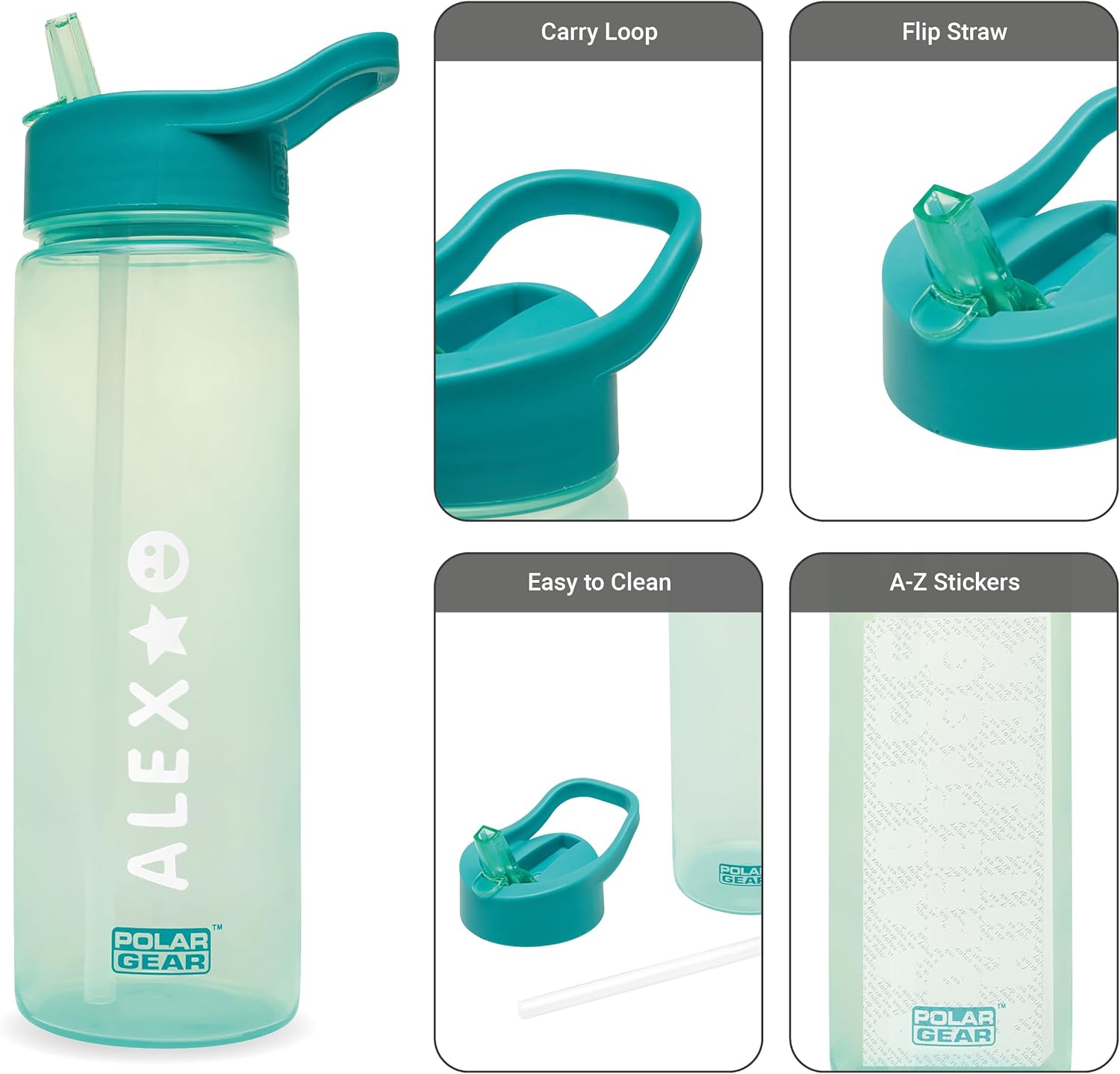 Polar Gear A-Z Stickers 600ml water bottle mint teal with flip straw