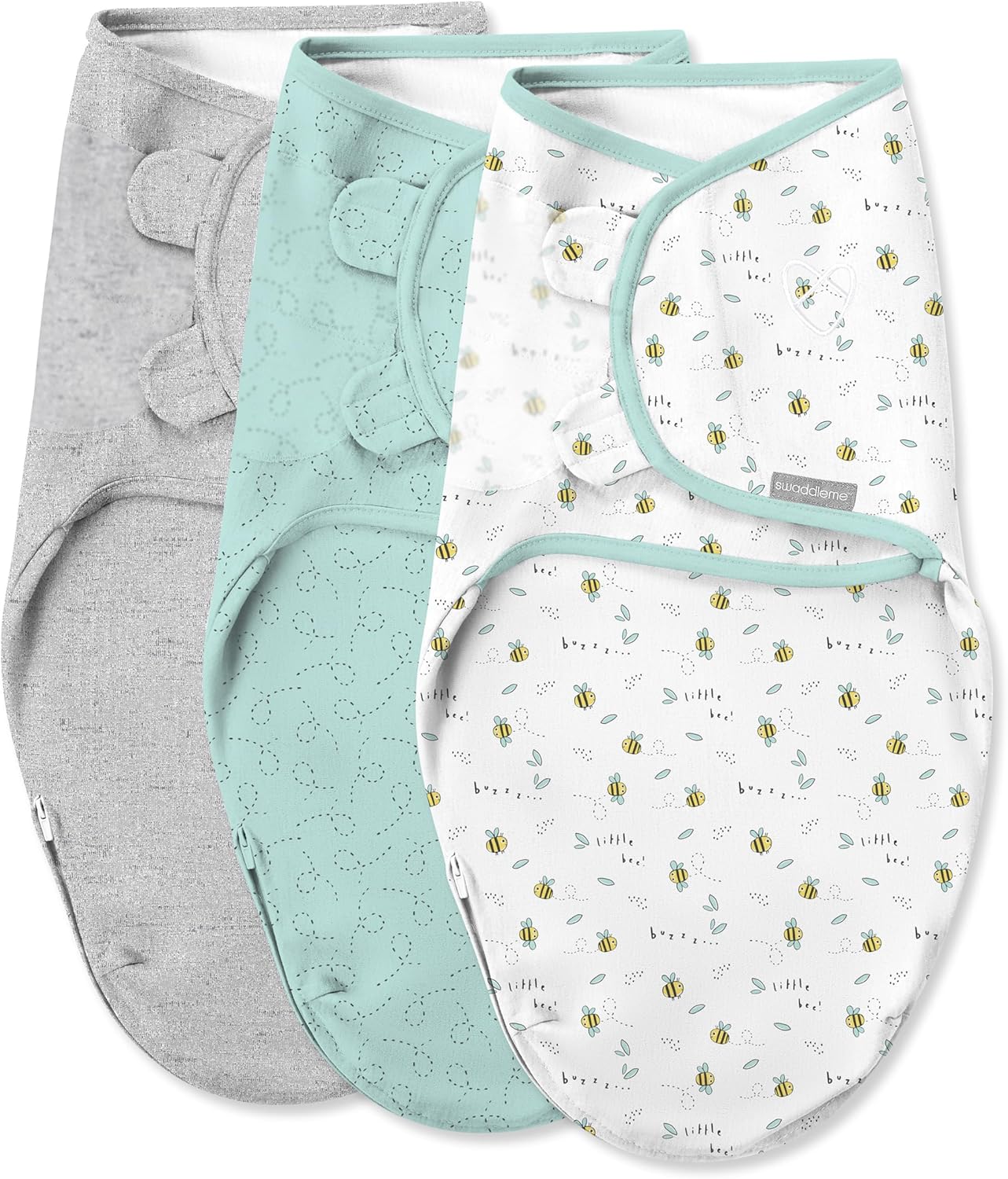 SwaddleMe Luxe Easy Change Swaddle three pack grey mint bee pattern