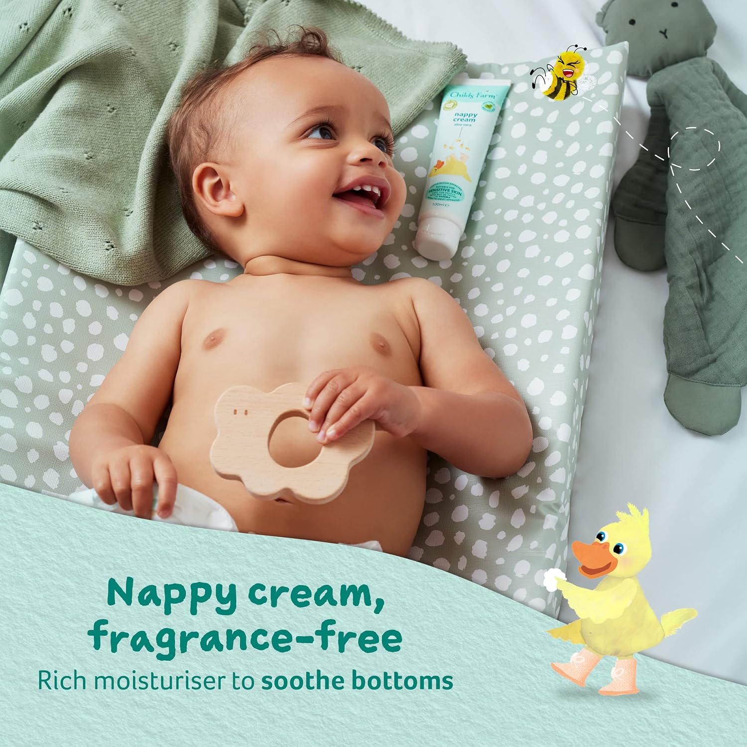 Childs Farm Baby Nappy Cream Unfragranced 100ml tube displayed on changing mat