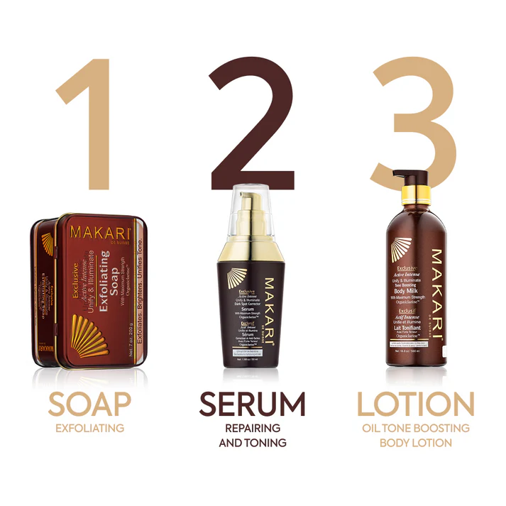 Makari Exclusive Dark Spot Corrector Serum in black bottle with gold pump