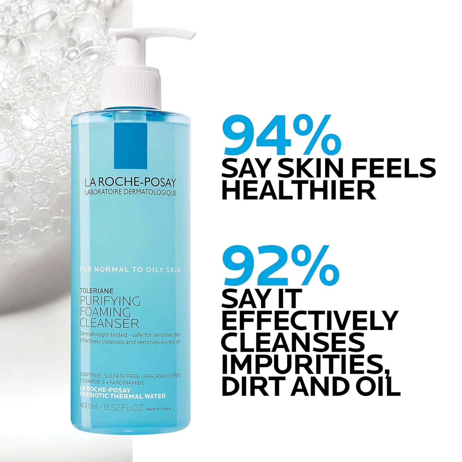 La Roche-Posay Toleriane Purifying Foaming Cleanser 400ml blue bottle with pump dispenser