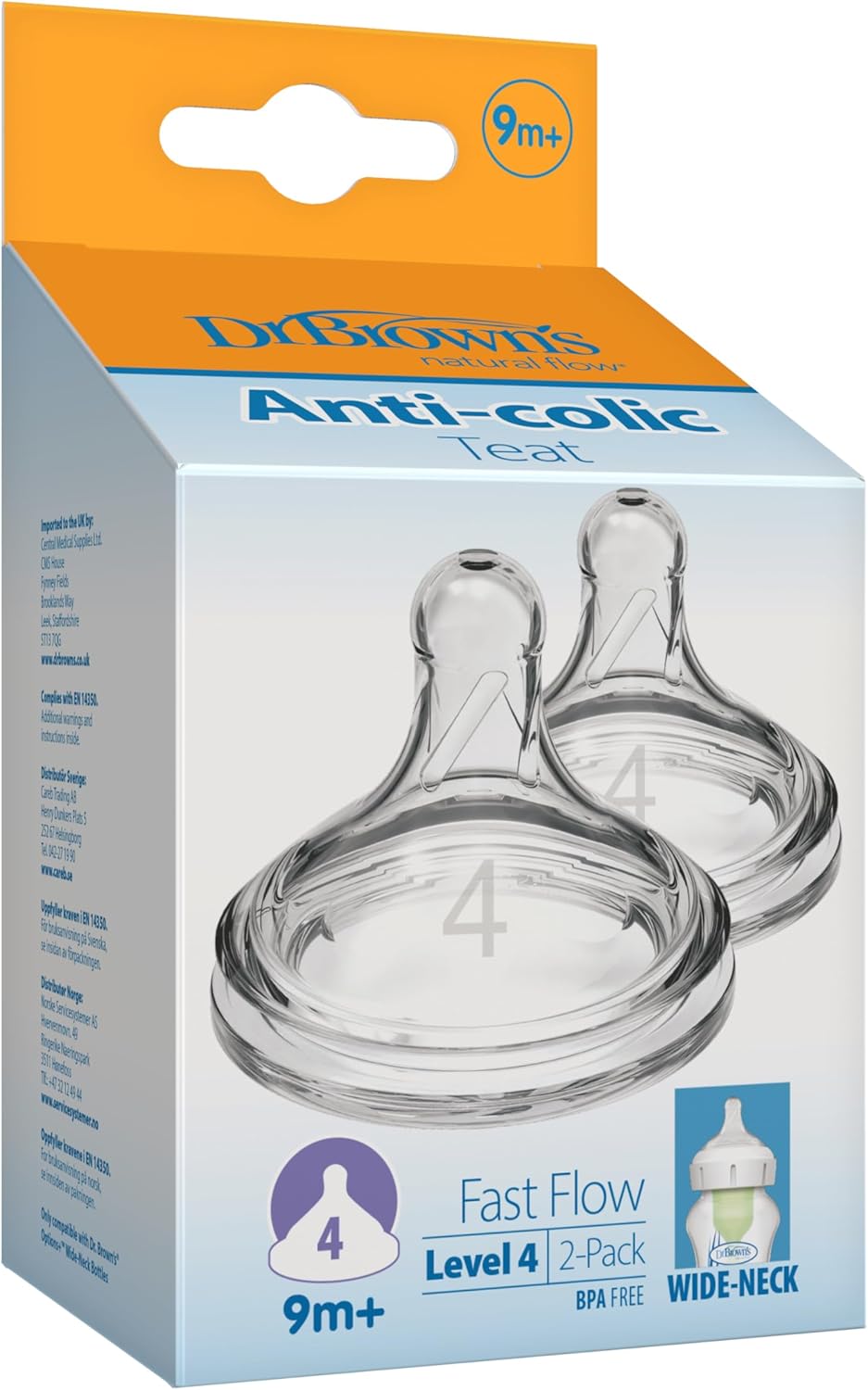 Dr. Brown's Options+ Level 4 wide-neck baby bottle teats, pack of 2, fast flow