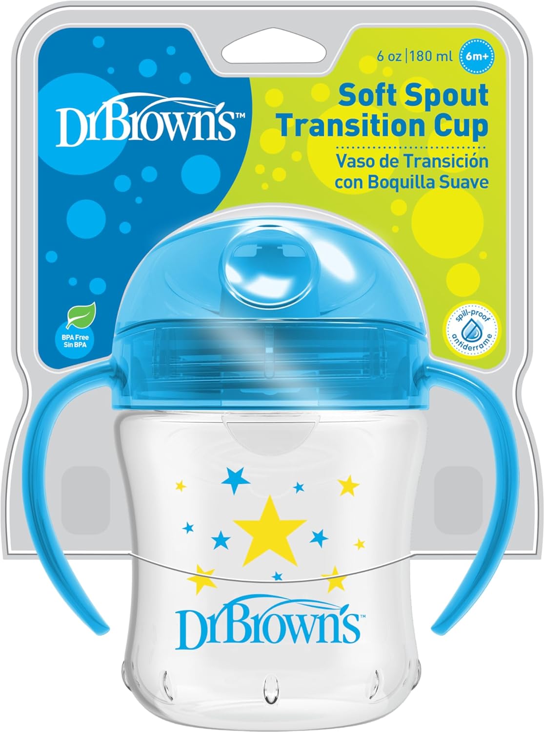 Dr Brown's Soft-Spout Transition Cup blue 180ml with handles for babies six months plus
