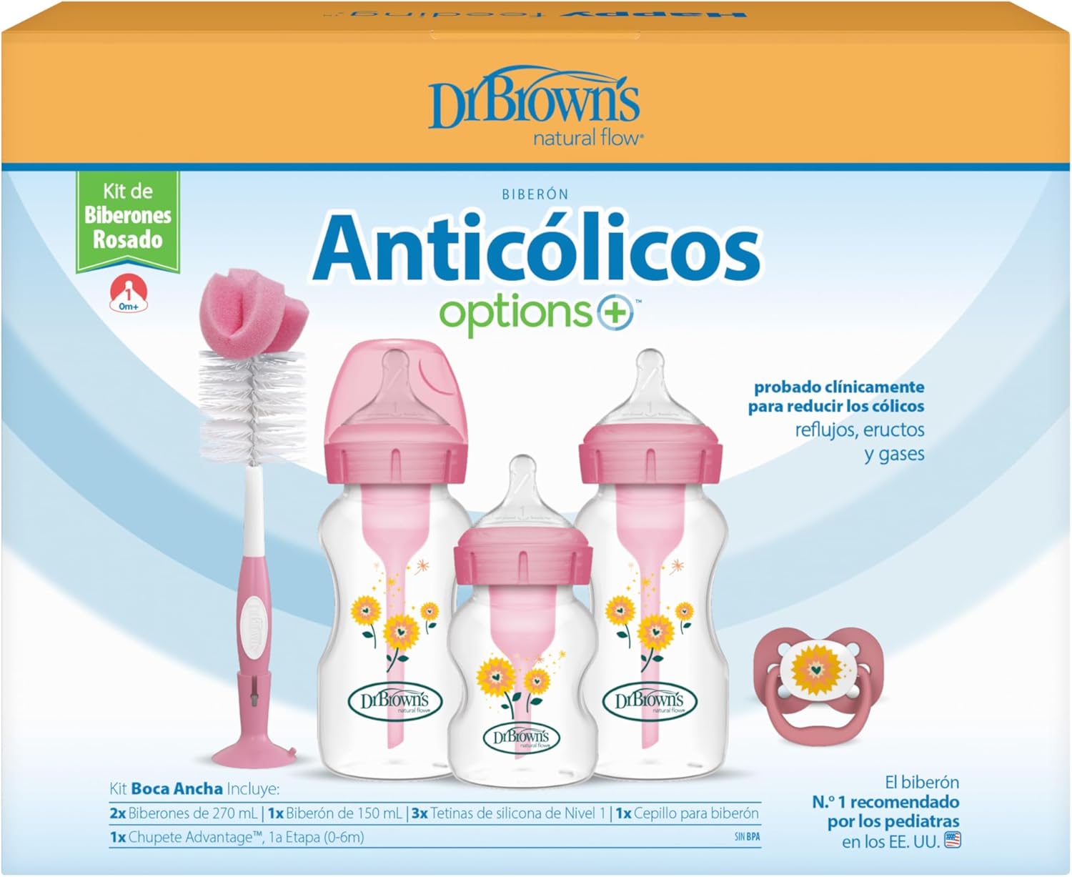 Dr Brown's Options+ pink gift set with bottles, teats and brush