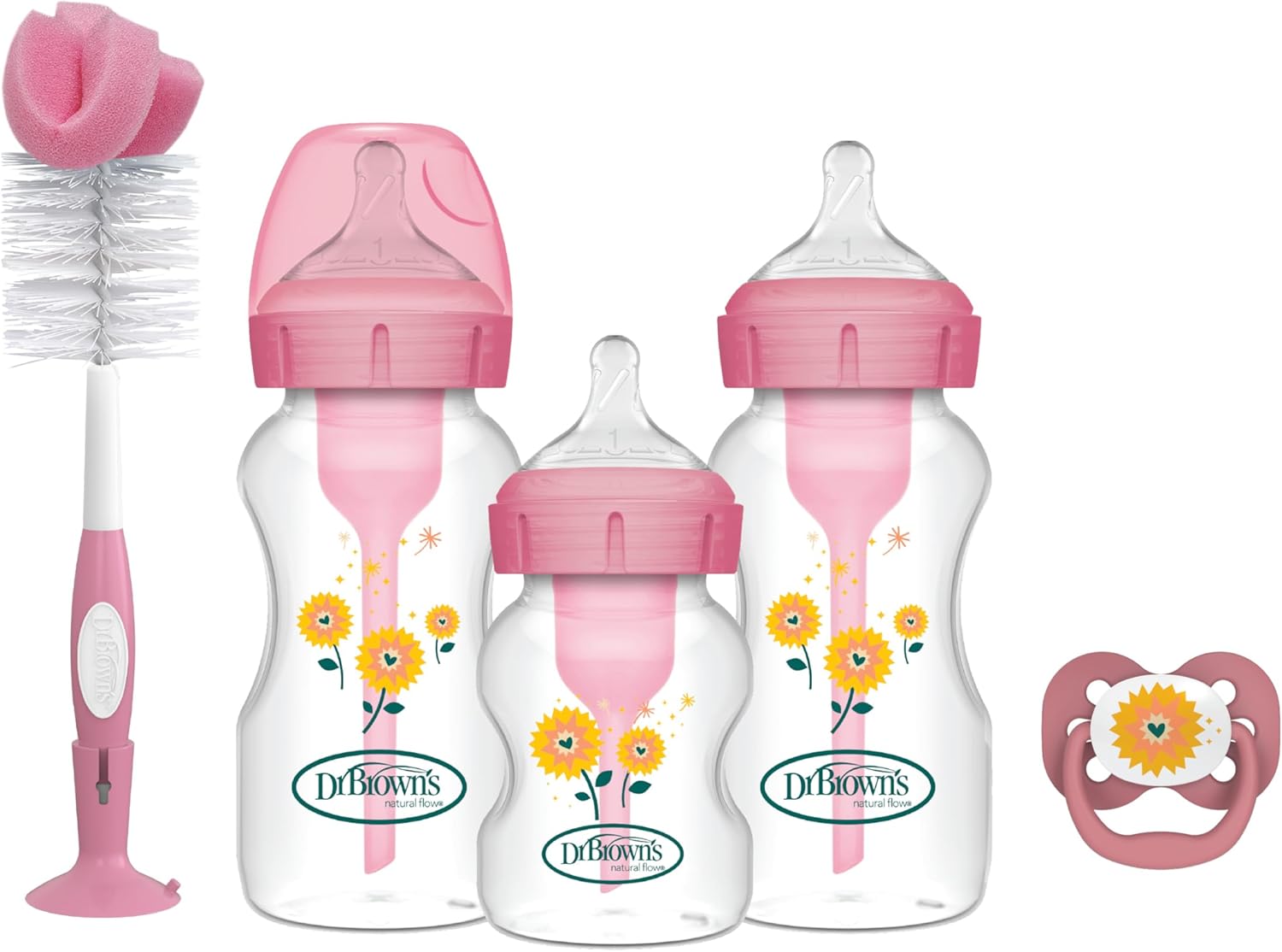 Dr Brown's Options+ gift set with pink bottles, teats, brush and dummy