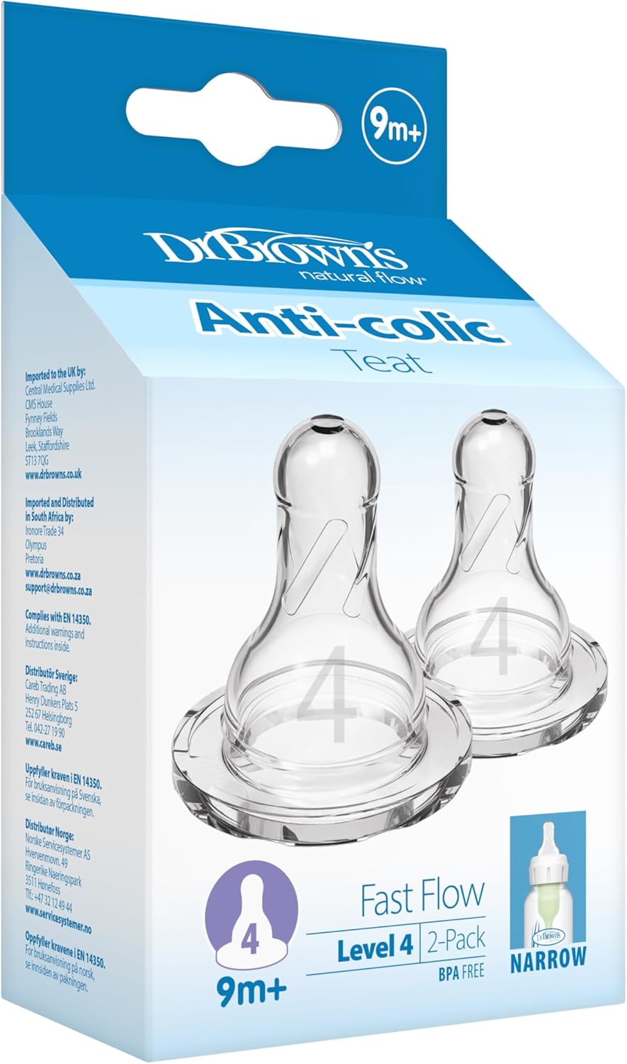 Dr Brown's Natural Flow Options+ Narrow Level 4 Fast Flow Teat 2-pack, 9 months plus
