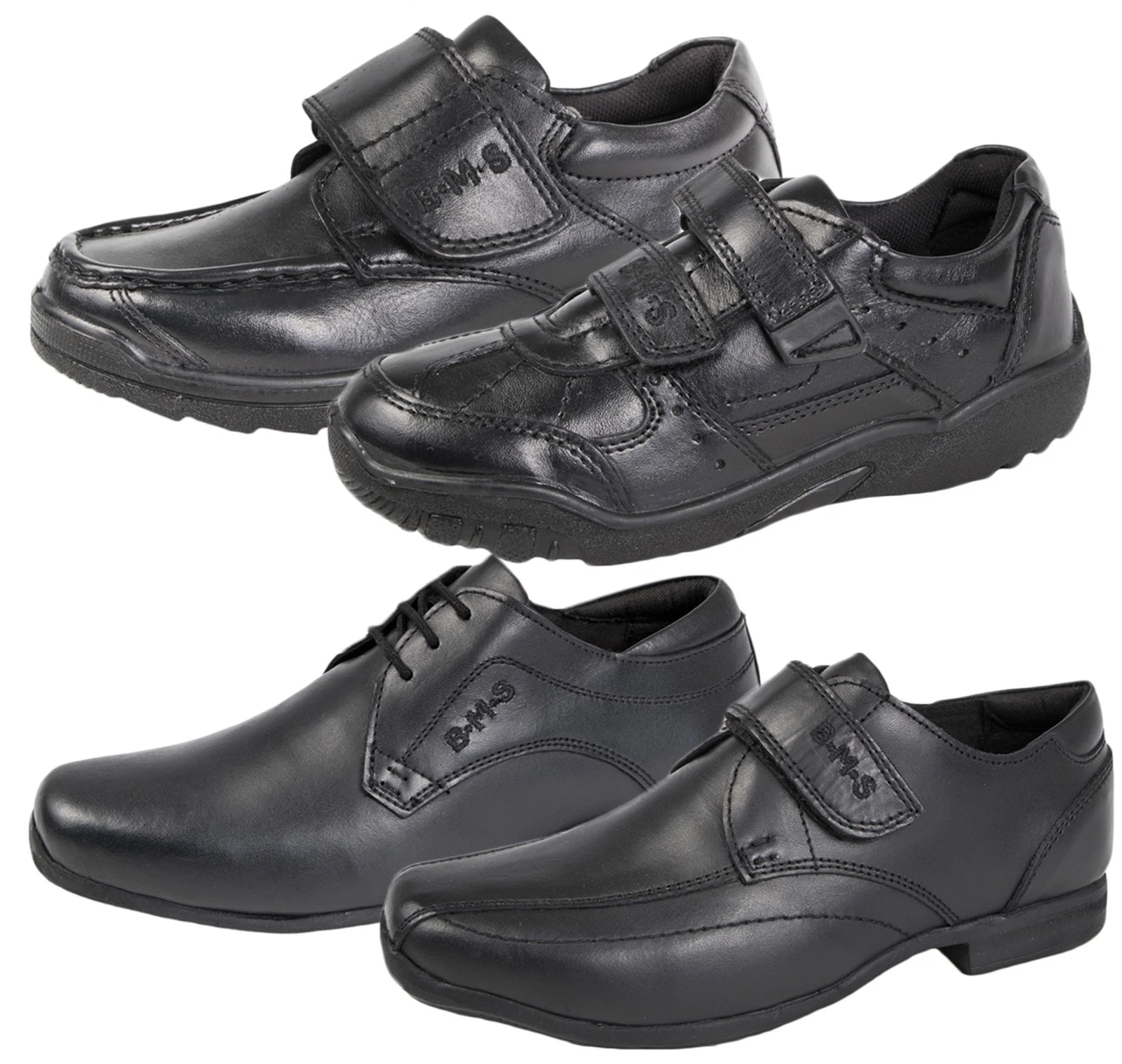 BMS black school shoes boys three strap fastening leather