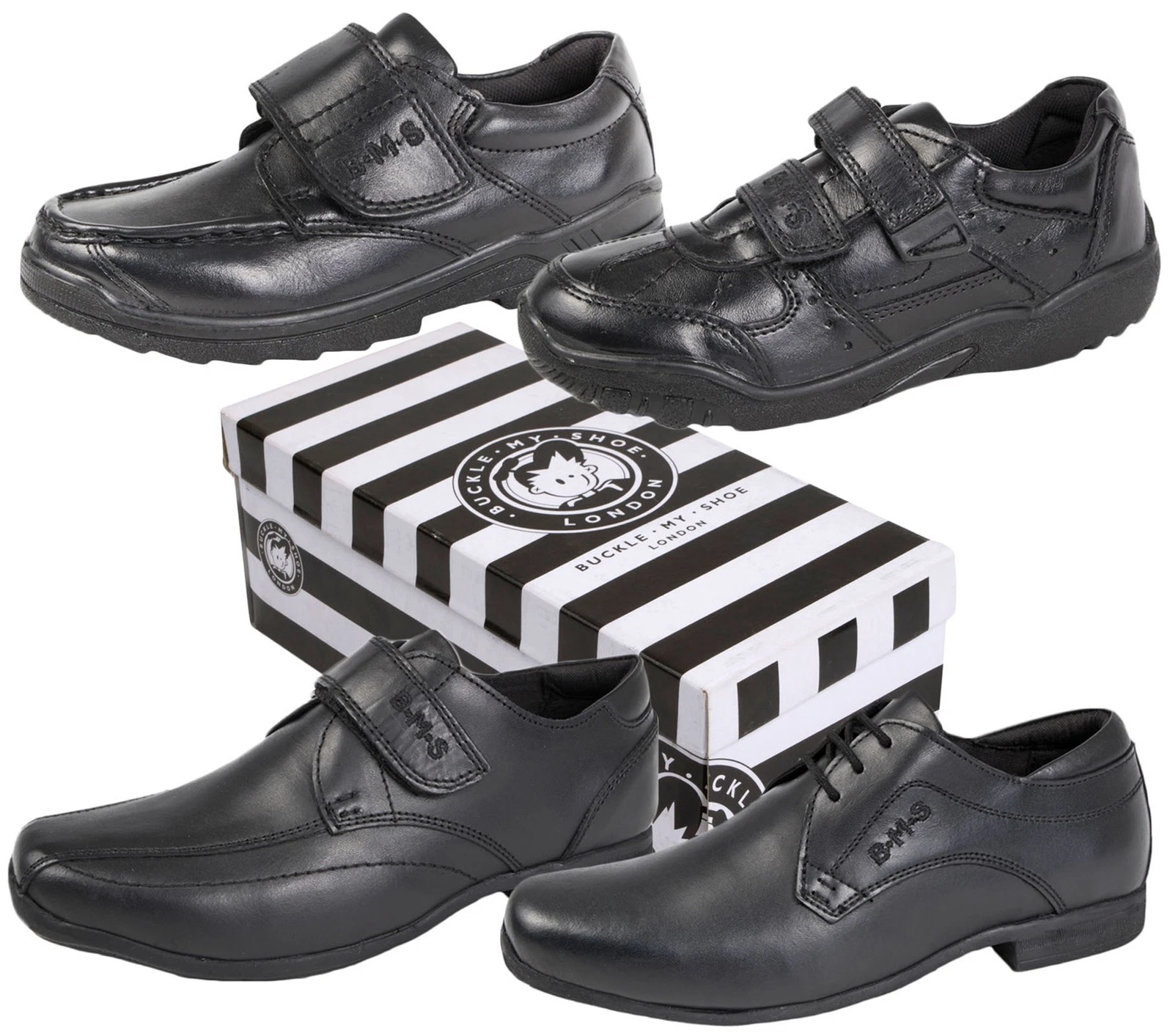 Bms black school shoes boys with three strap fastenings