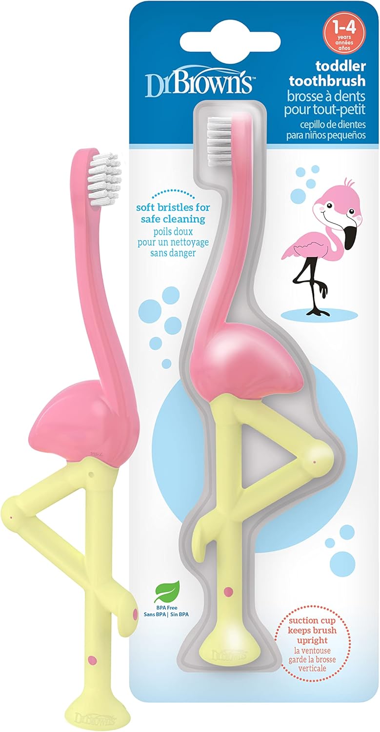 Dr Browns pink and yellow flamingo toddler toothbrush for ages one to four years