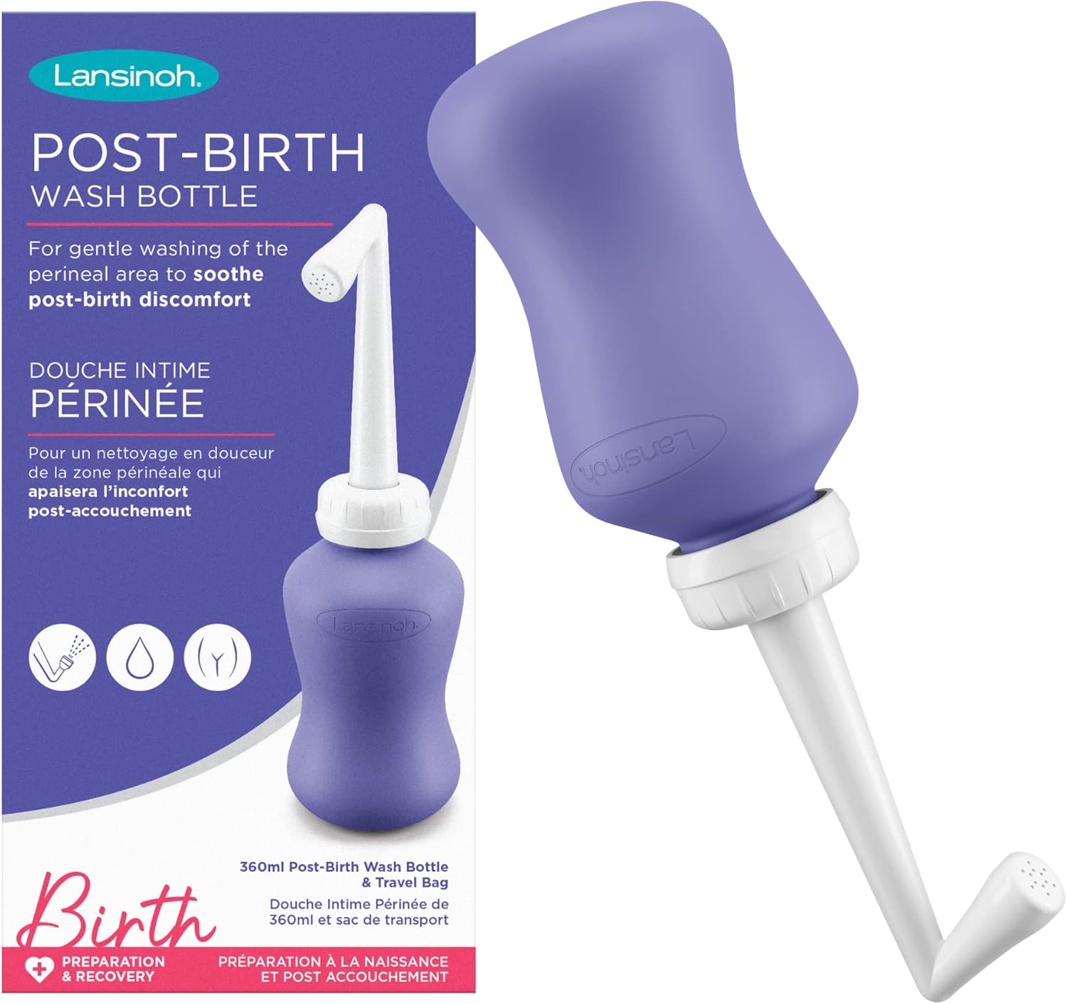 Lansinoh purple post-birth wash bottle 360ml with white nozzle attachment