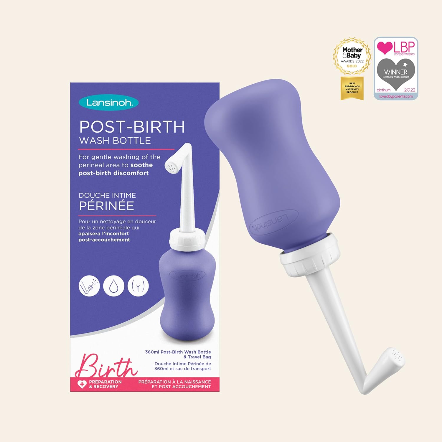 Lansinoh Post-Birth Wash Bottle 360ml purple with white nozzle and travel bag