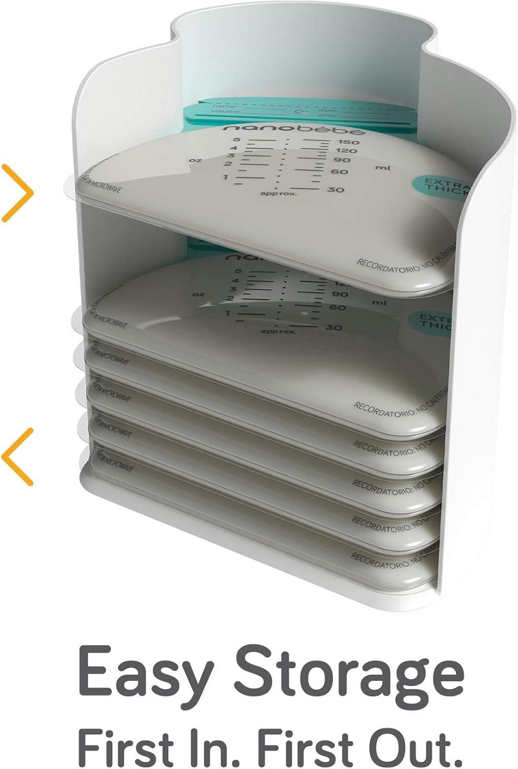 NanoBebe 50 breastmilk storage bags with measurement markings and turquoise lids