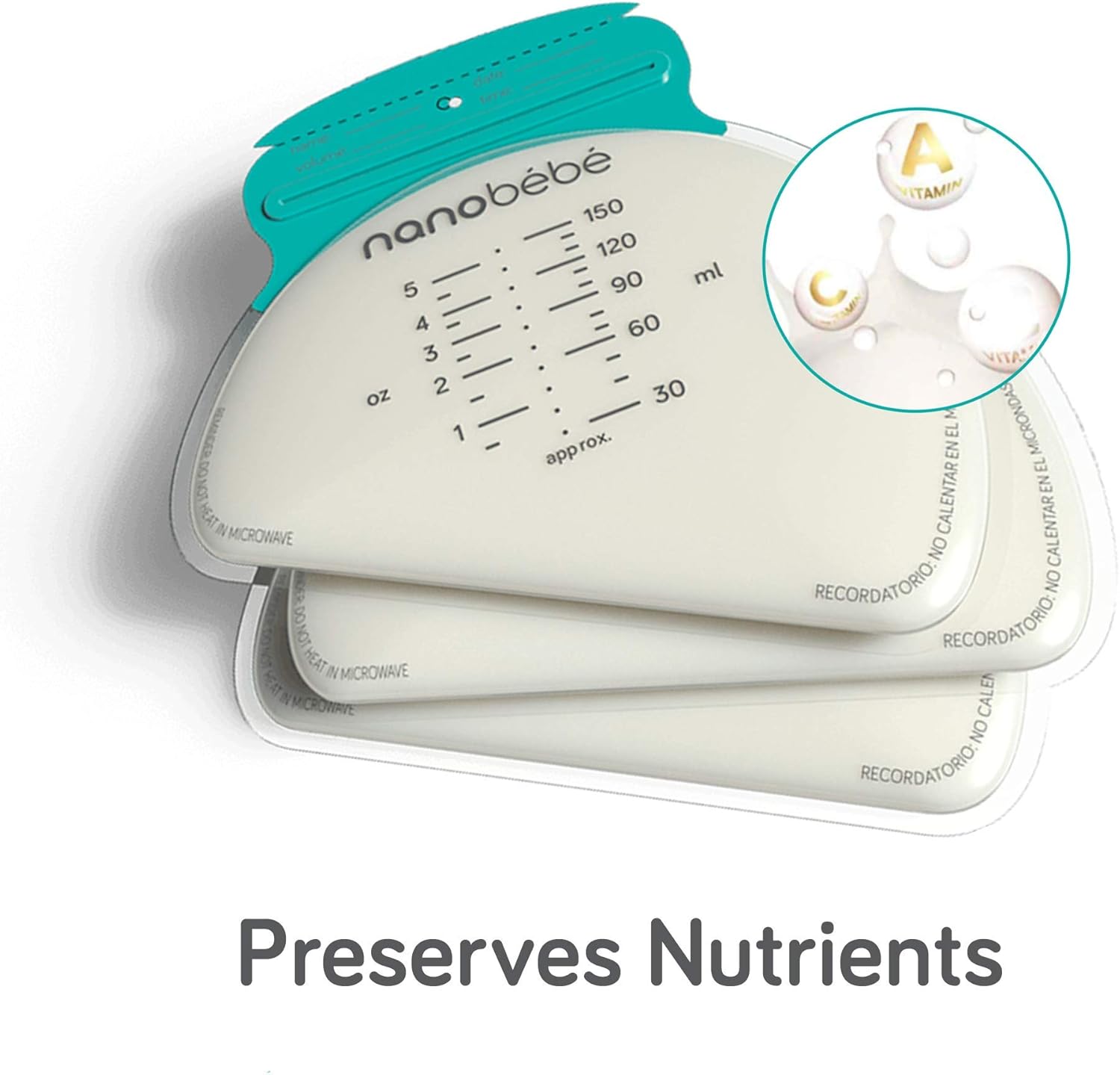 NanoBebe 50 breastmilk storage bags with turquoise seal and measurement markings