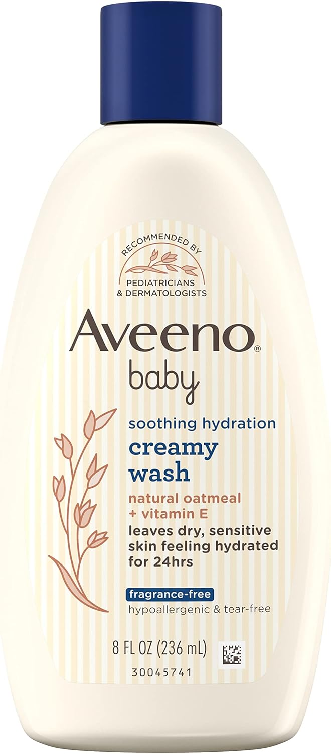 Aveeno Baby Soothing Hydration Creamy Wash fragrance-free 236ml bottle with dark blue cap