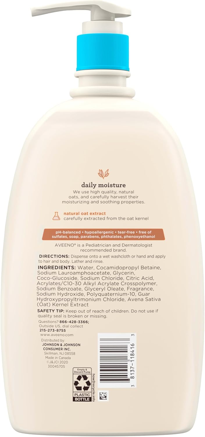 Aveeno Baby Daily Moisture Wash and Shampoo 976ml pump bottle with blue band