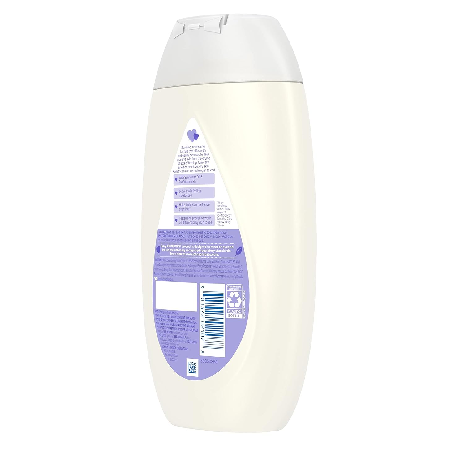 Johnsons Sensitive Care Wash and Shampoo 13.6oz bottle, lightly scented