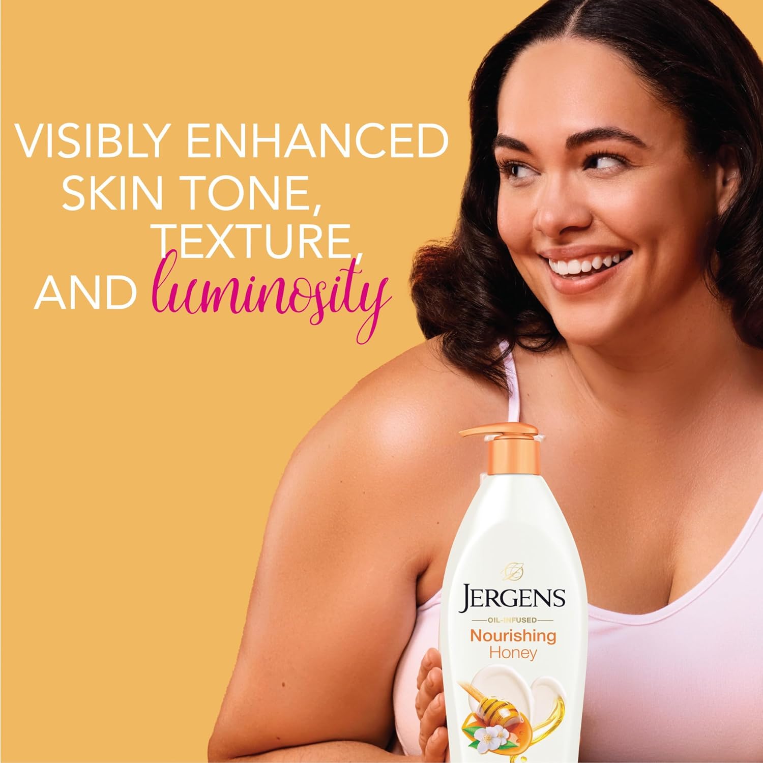 Jergens Nourishing Honey oil-infused moisturiser 16.8oz bottle with gold pump dispenser