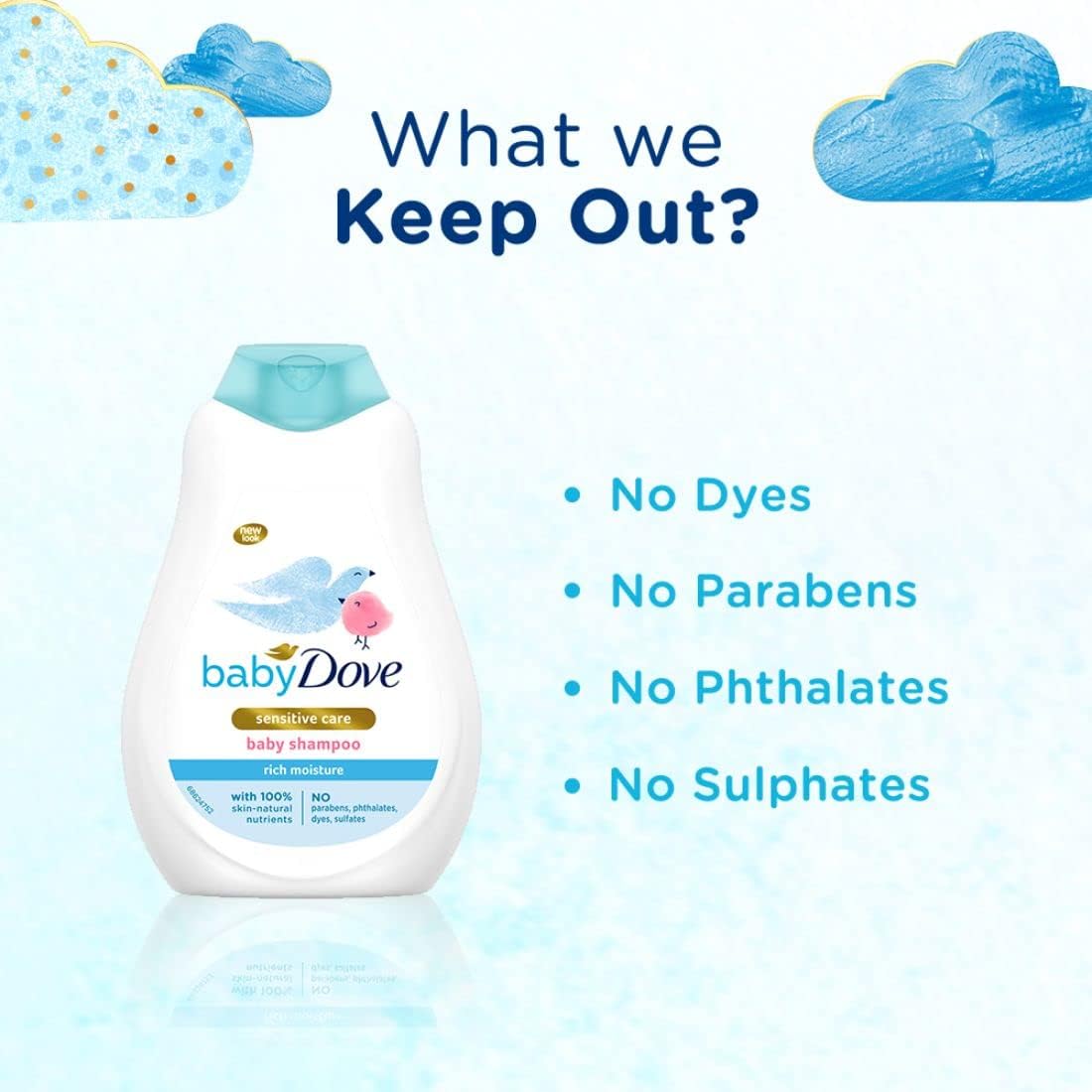 Baby Dove sensitive care baby shampoo rich moisture white bottle with turquoise cap