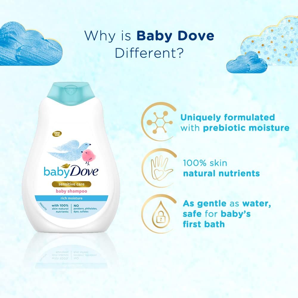 Baby Dove sensitive care baby shampoo with prebiotic moisture, white bottle