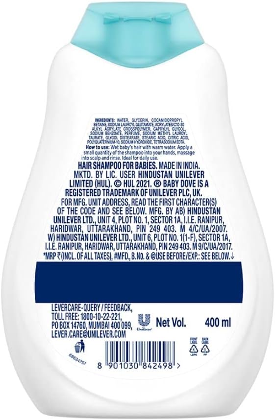 Baby Dove hair shampoo for babies, turquoise and white bottle, 400ml