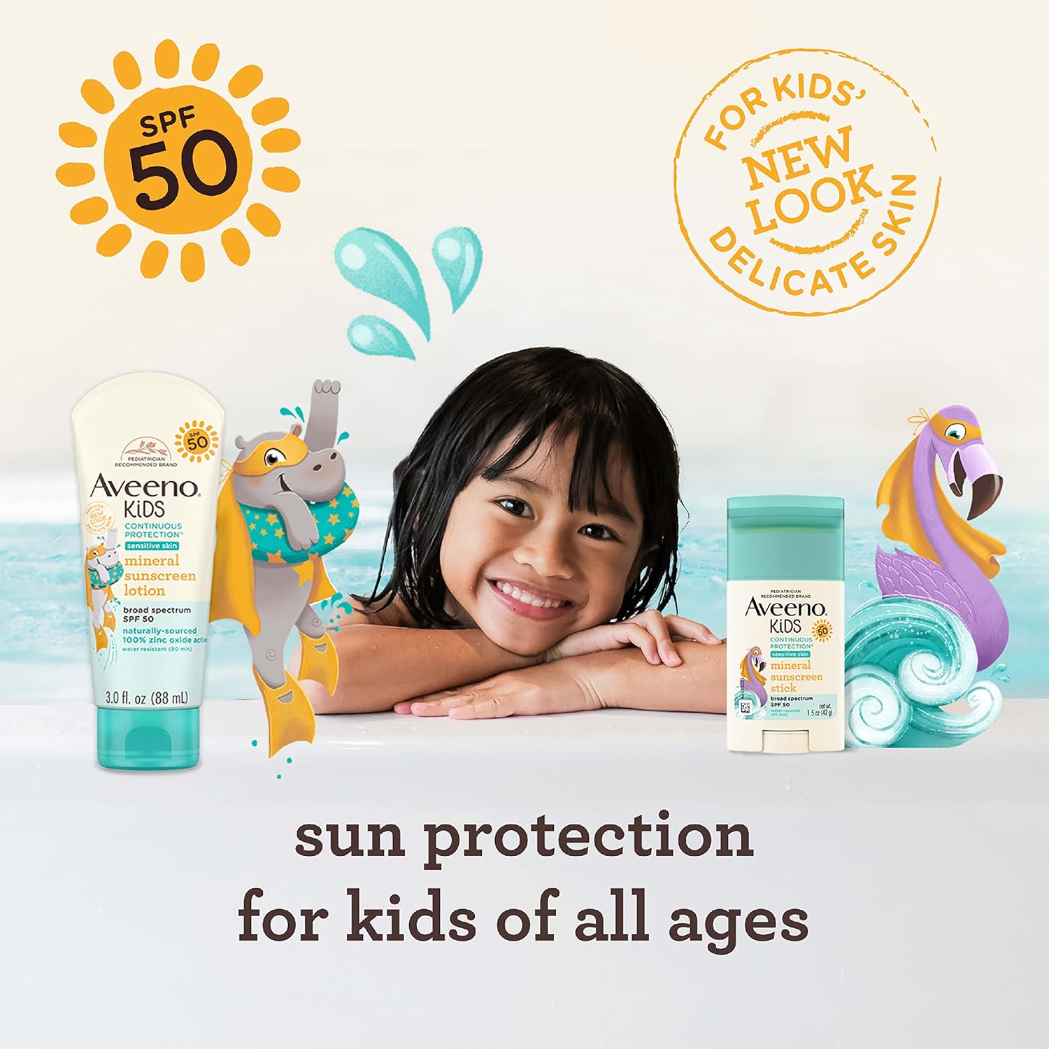 Aveeno Kids Continuous Protection Mineral Sunscreen Lotion SPF 50, 88ml tube and stick