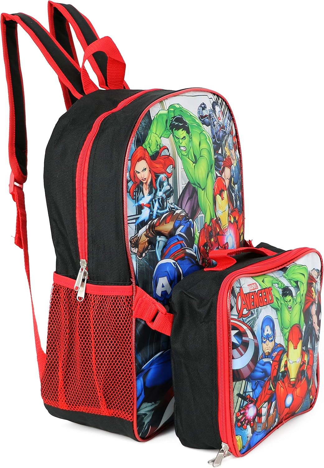 Marvel Avengers Team Action backpack with detachable lunch box, red and black
