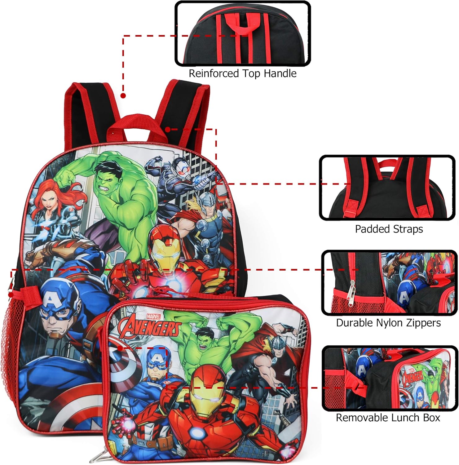 Marvel Avengers Team Action Backpack with detachable lunch box, red and black