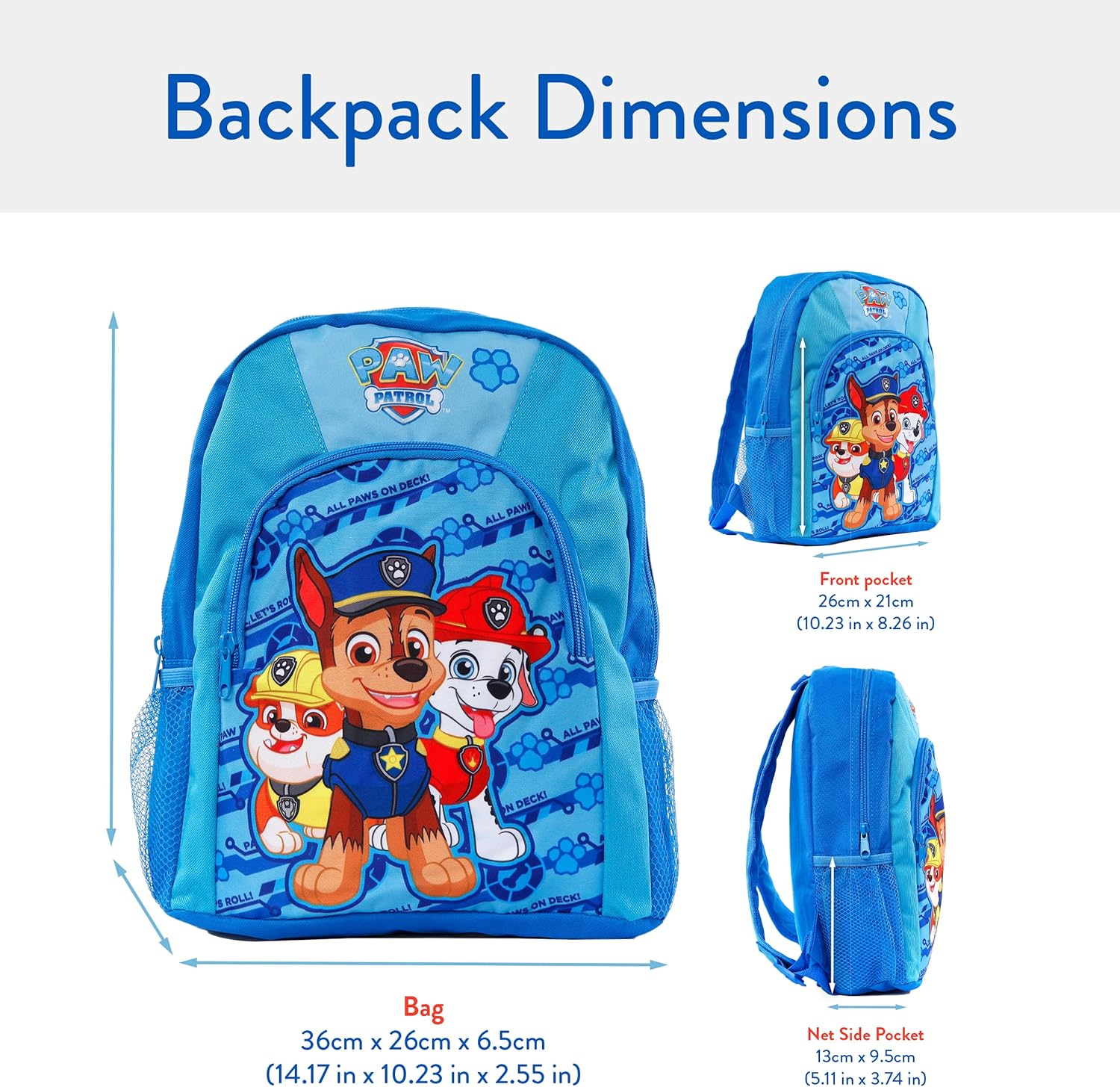 Paw Patrol blue children's backpack with character design and front pocket