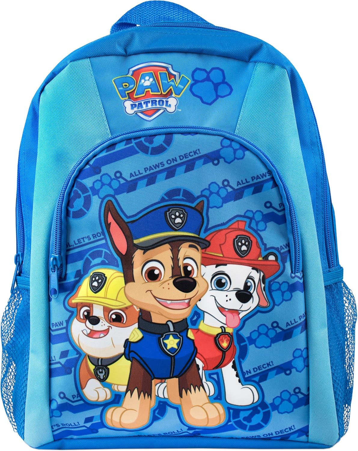 Paw Patrol blue children's backpack with character print and mesh pockets