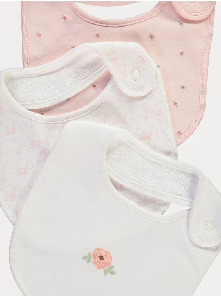 George baby girls 5 pack bibs, pink and white with floral design