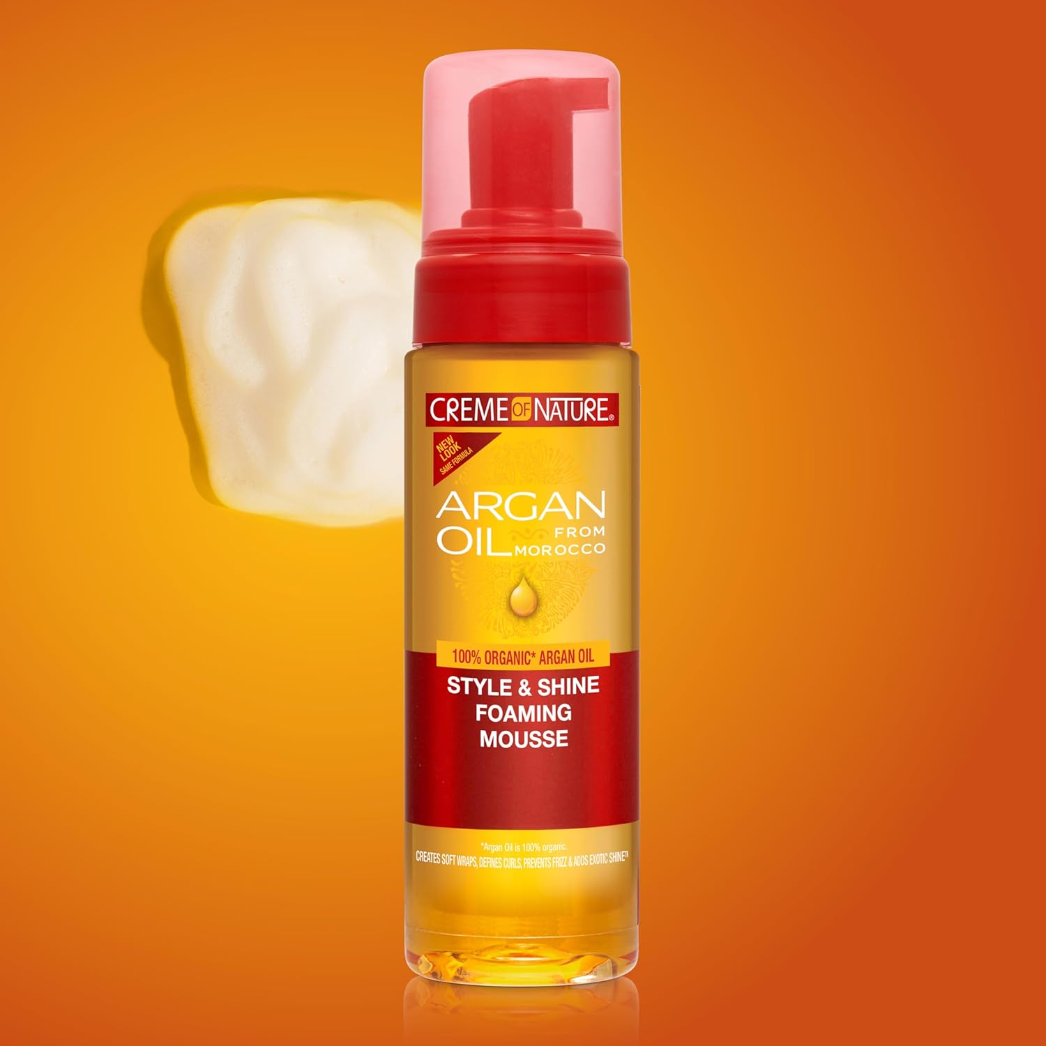 Creme of Nature Argan Oil Style and Shine Foaming Mousse 207ml bottle with red pump dispenser