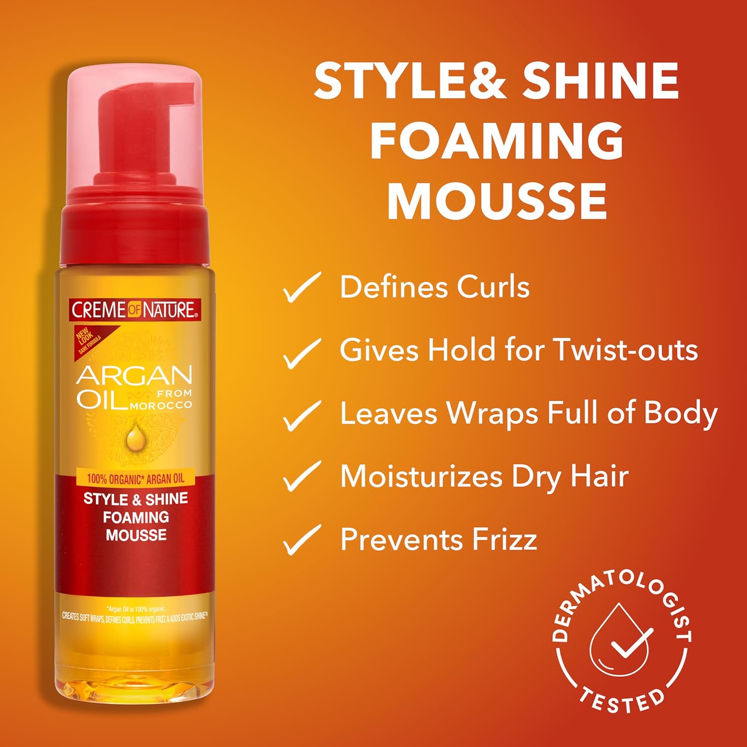Creme of Nature Argan Oil Style & Shine Foaming Mousse 207ml with red pump dispenser