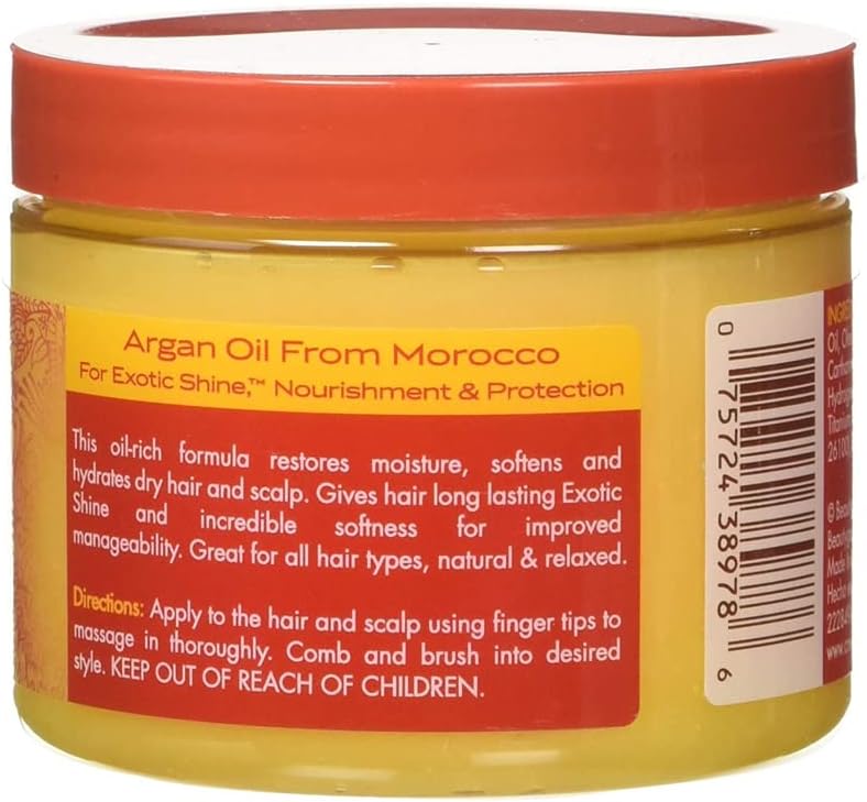 Creme of Nature Argan Oil day and night hair scalp conditioner dress, yellow jar with red lid