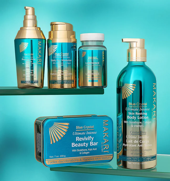 Makari Blue Crystal Vitality Face Moisturizer 50ml with gold pump dispenser