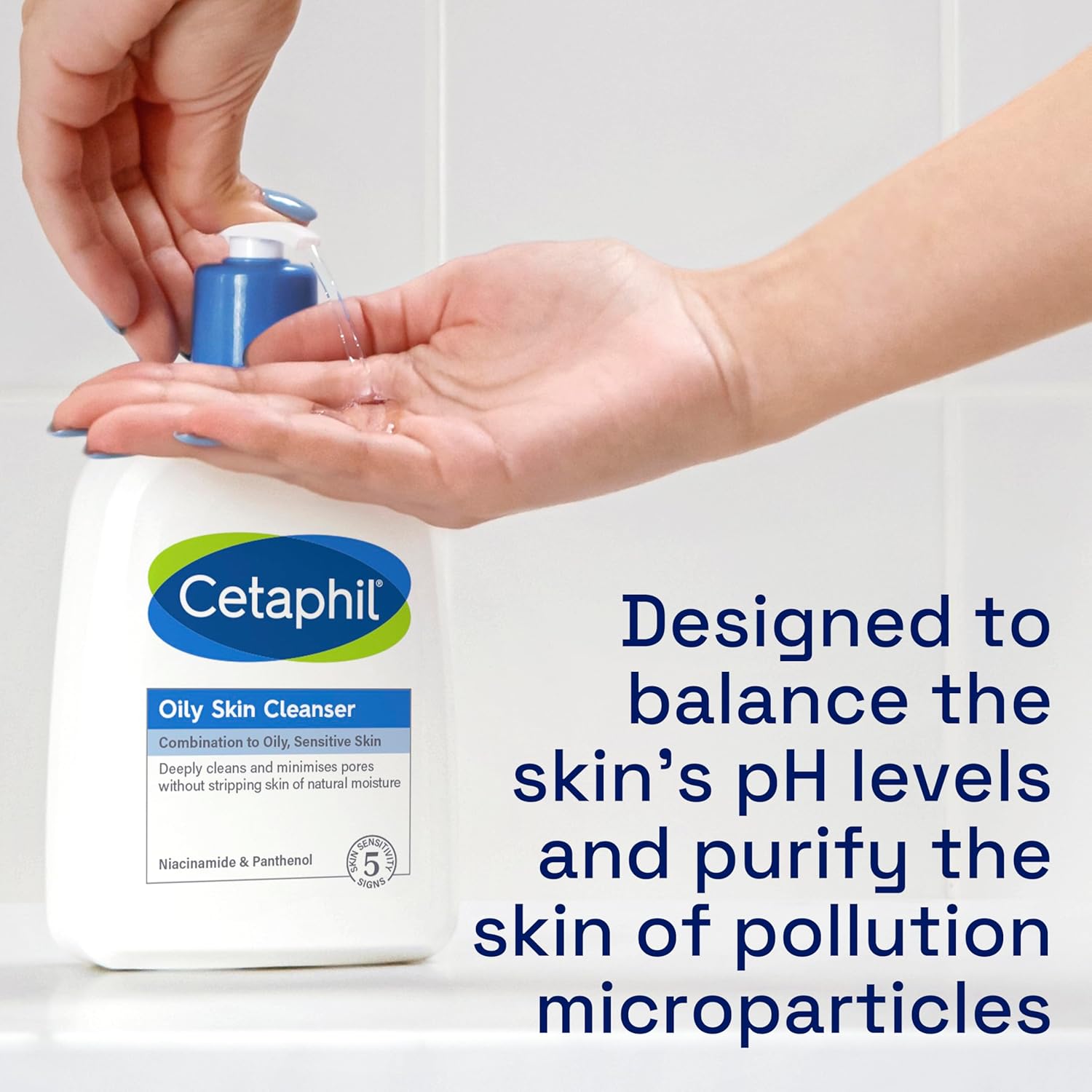 Cetaphil Oily Skin Cleanser 473ml white bottle with blue pump dispenser