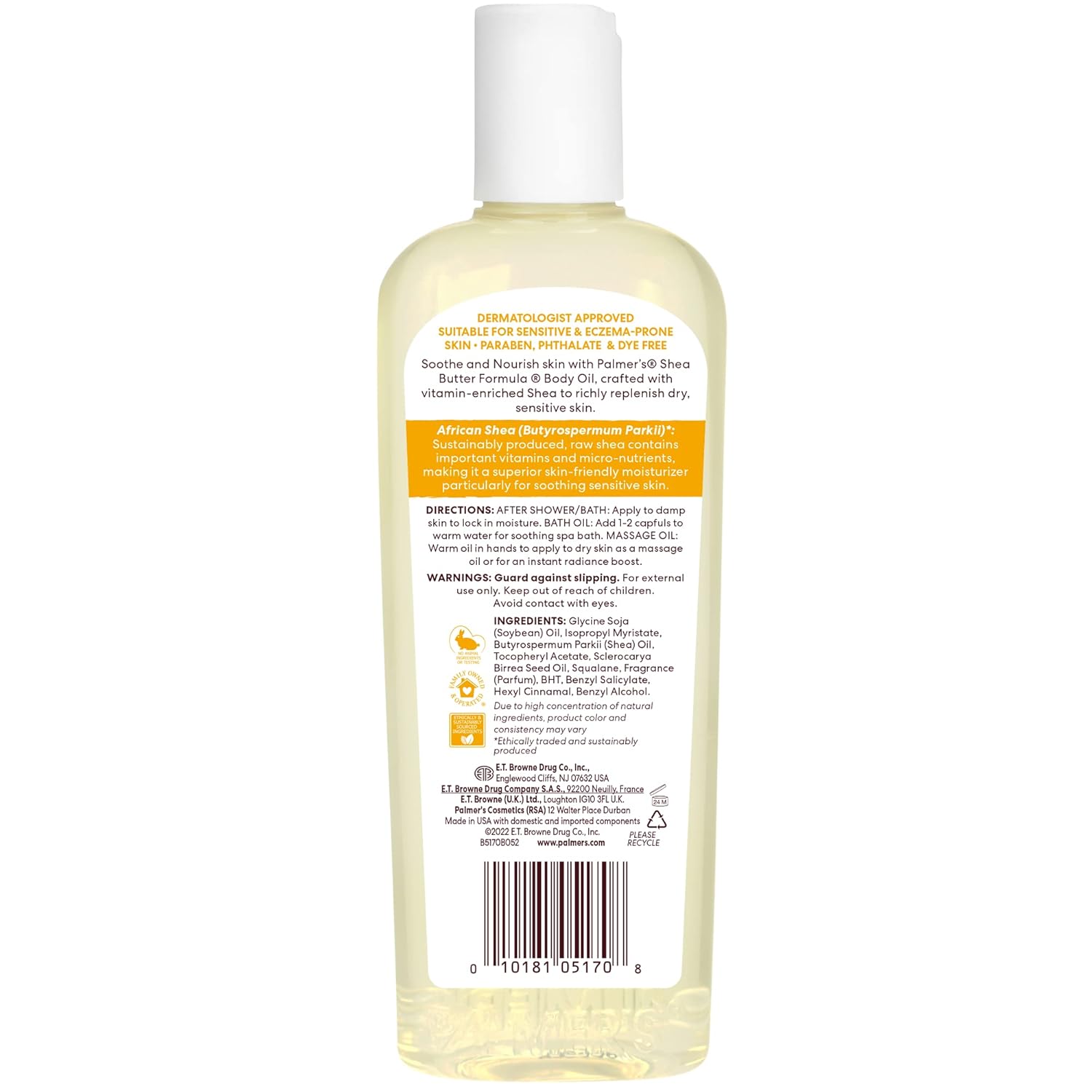Palmer's Raw Shea body oil with vitamin E, pale yellow liquid in white bottle
