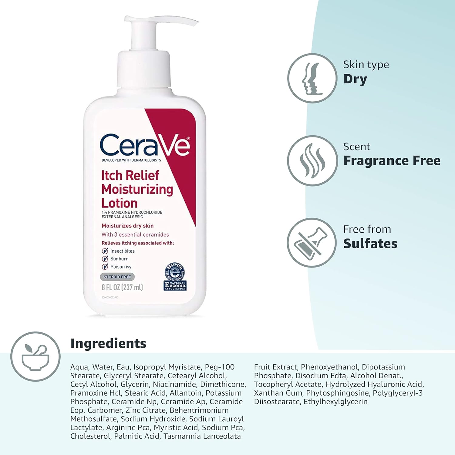 CeraVe Itch Relief Moisturising Lotion 237ml white pump bottle for dry skin