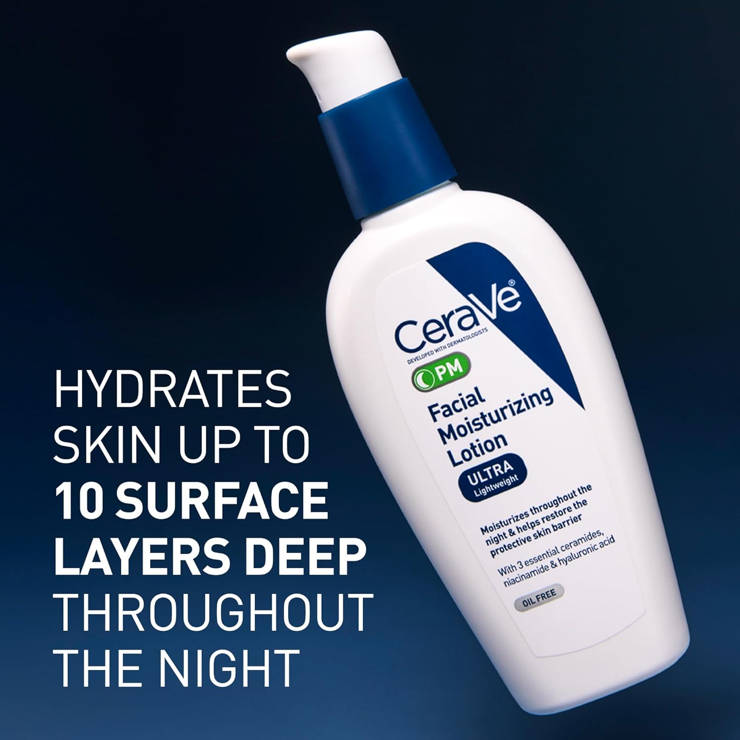 CeraVe PM Facial Moisturising Lotion Ultra Lightweight 89ml bottle with blue pump dispenser