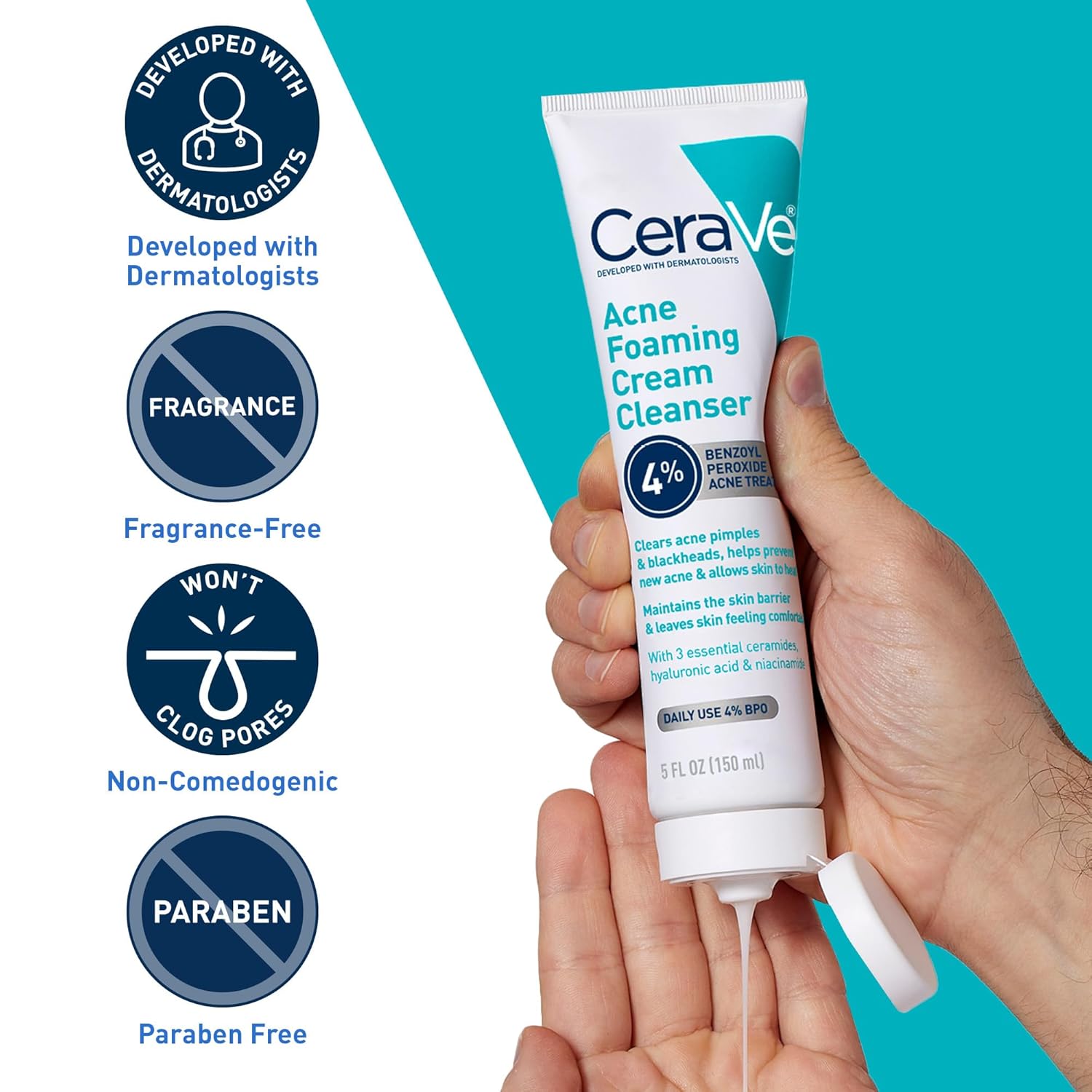 CeraVe Acne Foaming Cream Cleanser 150ml white tube with benzoyl peroxide