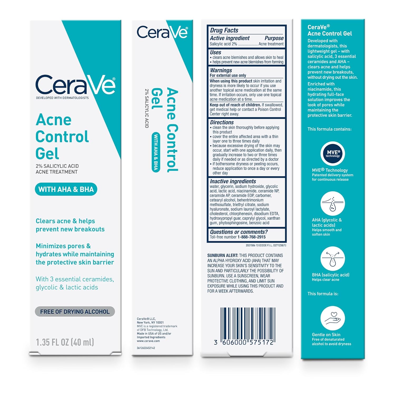 CeraVe Acne Control Gel 2% salicylic acid treatment 40ml turquoise tube