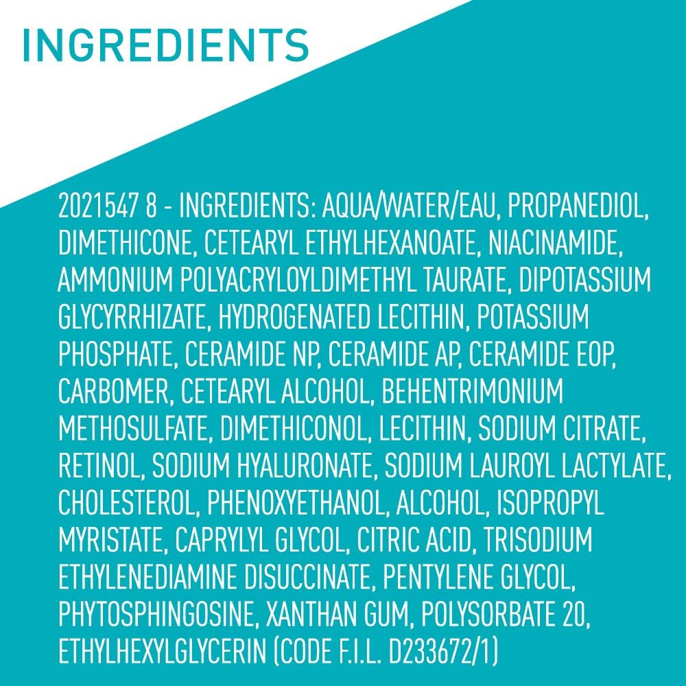 CeraVe Resurfacing Retinol Serum ingredients list on turquoise background