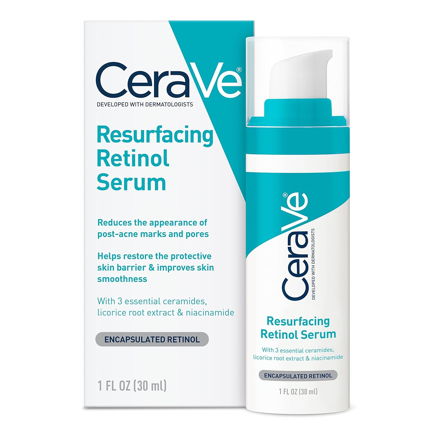 CeraVe Resurfacing Retinol Serum 30ml pump bottle with packaging box