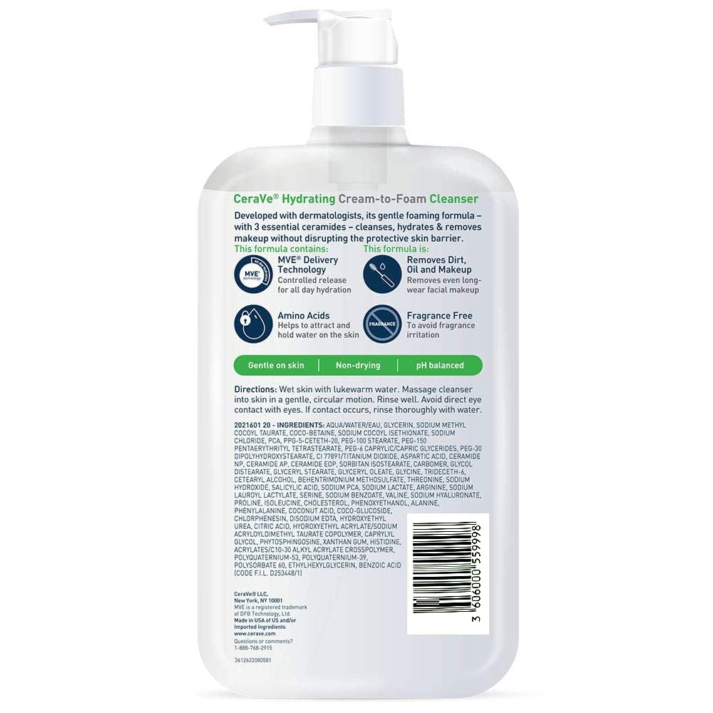 CeraVe Hydrating Cream-to-Foam Cleanser 355ml pump bottle with white label