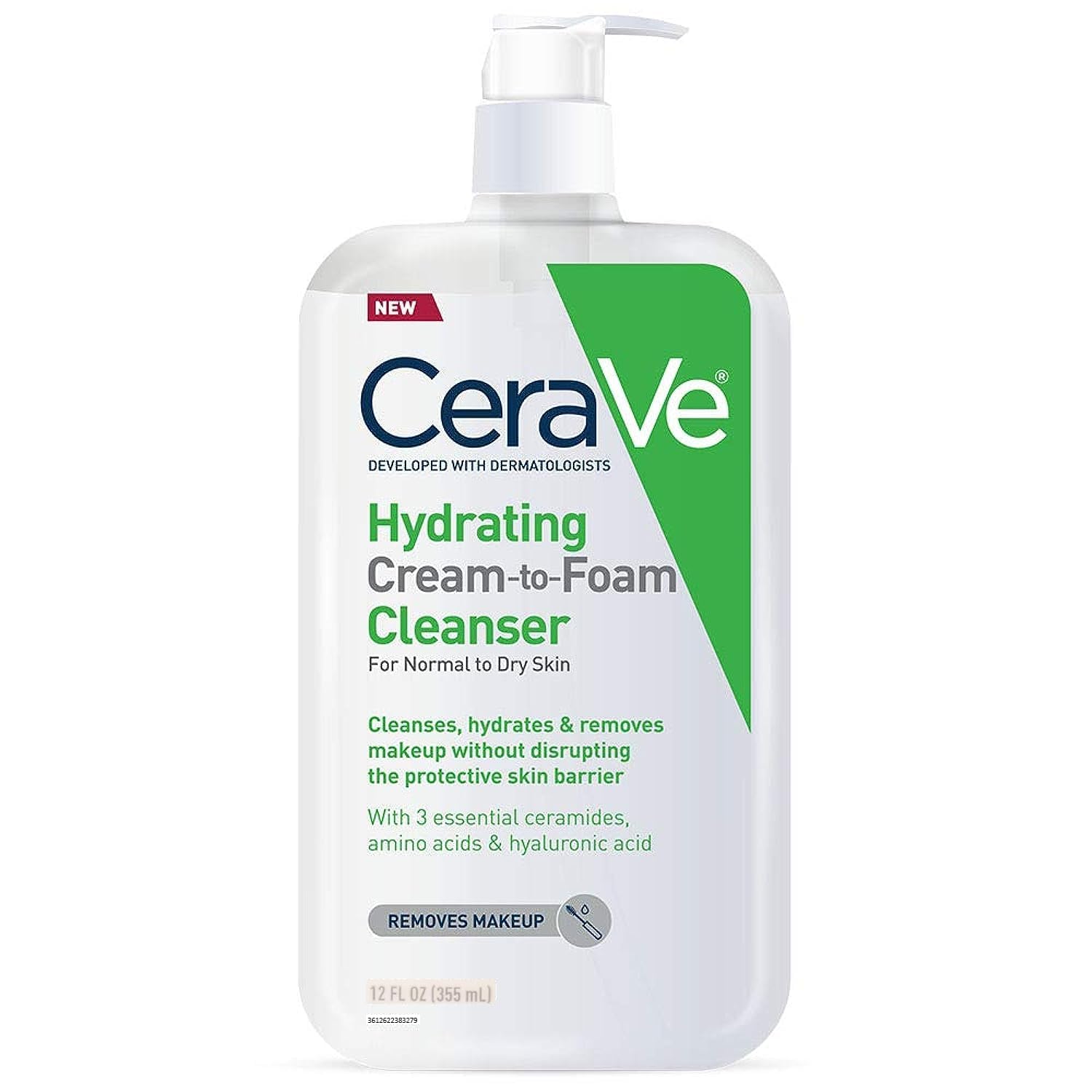 CeraVe Hydrating Cream-to-Foam Cleanser 355ml pump bottle white and green packaging