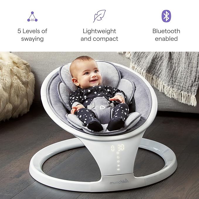 Munchkin Bluetooth baby swing, white, lightweight design with five swaying levels