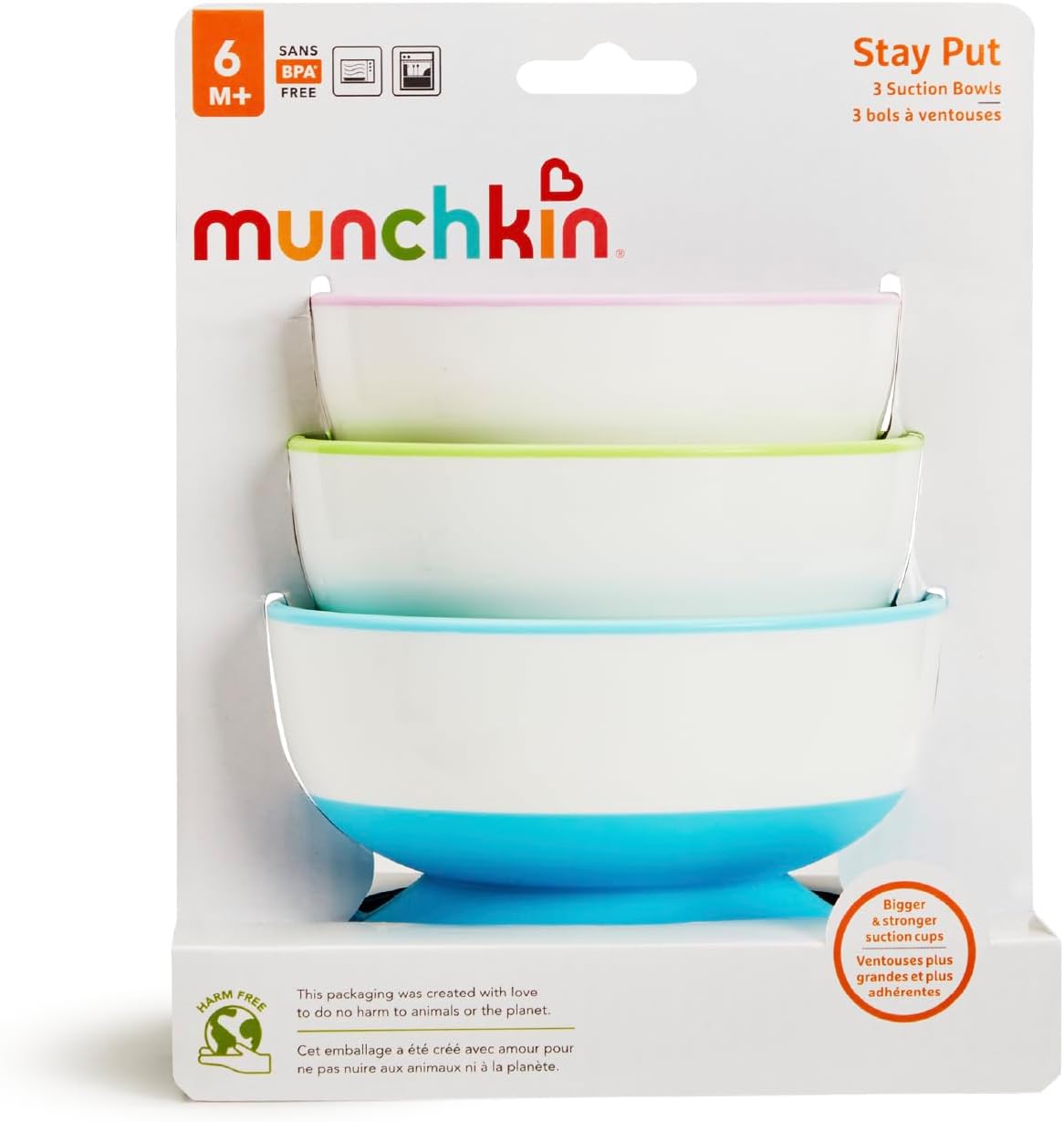 Munchkin Stay Put Suction Bowls 3-pack, pink, green and blue, BPA free