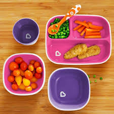Munchkin Splash toddler bowls two pack purple and pink with food